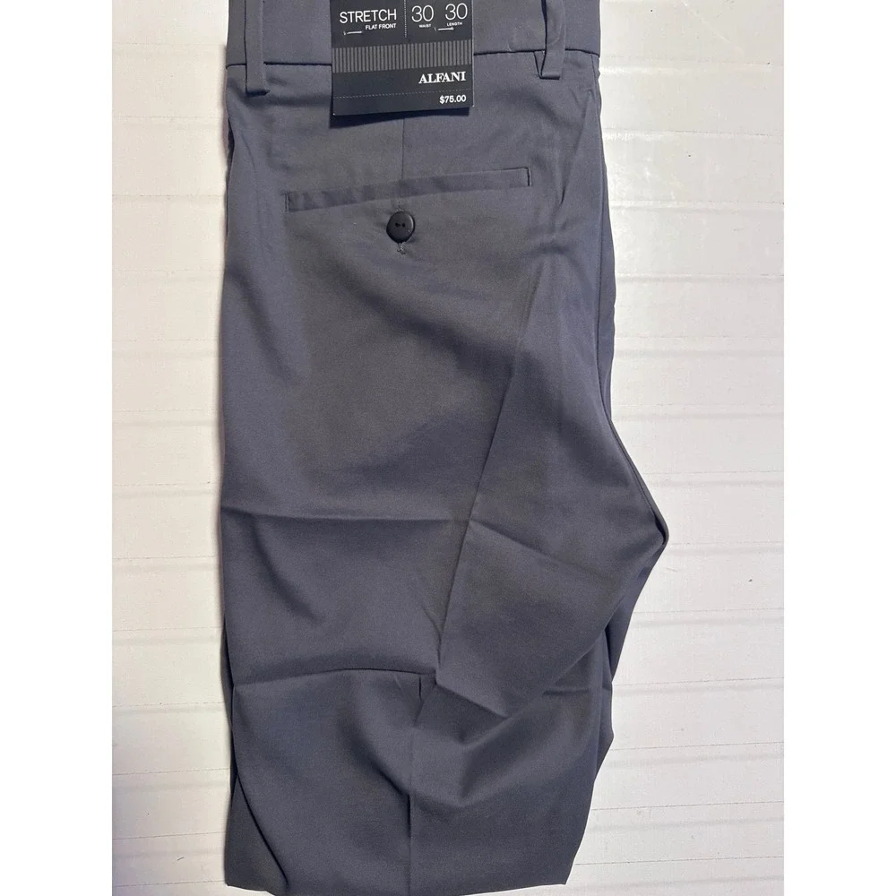 NWT Alfani Mens Stretch Flat Front Dress‎ Pants Charcoal Gray 30x30